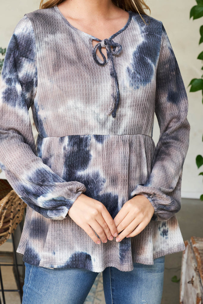 Puff Sleeve Neckline Ribbon Detail Tie Dye Waffle Top