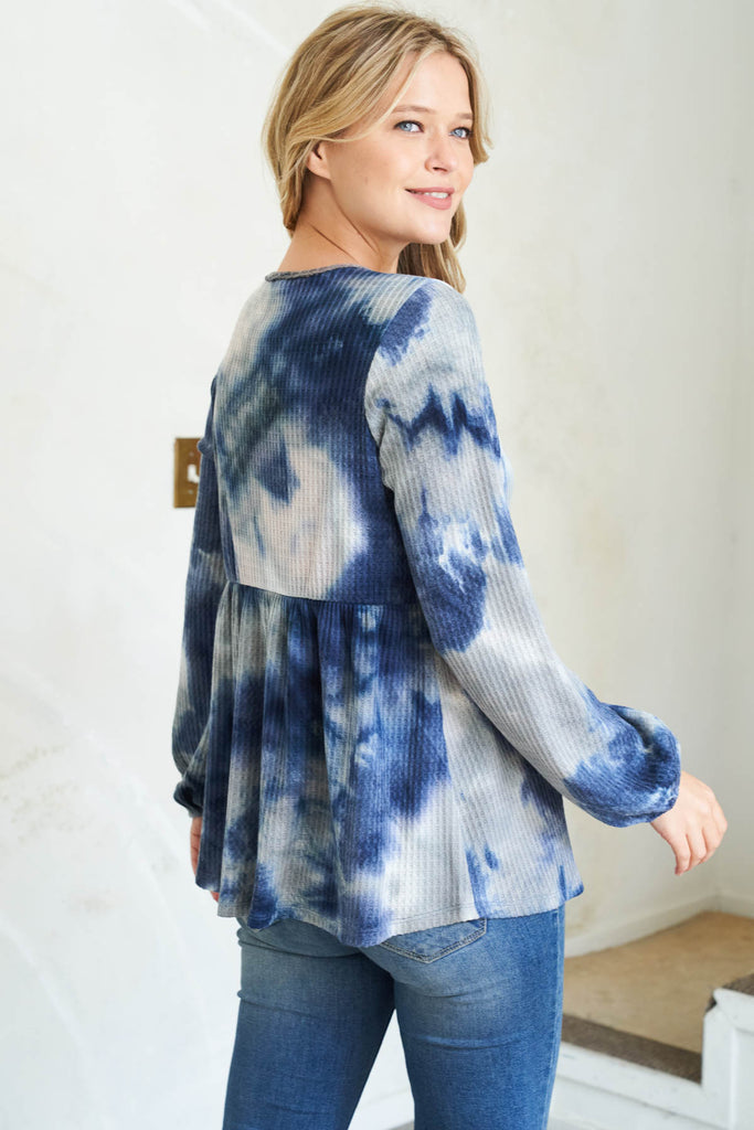 Puff Sleeve Neckline Ribbon Detail Tie Dye Waffle Top