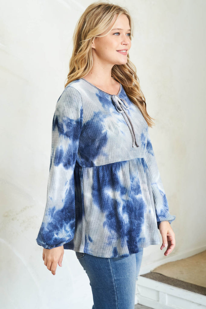 Puff Sleeve Neckline Ribbon Detail Tie Dye Waffle Top