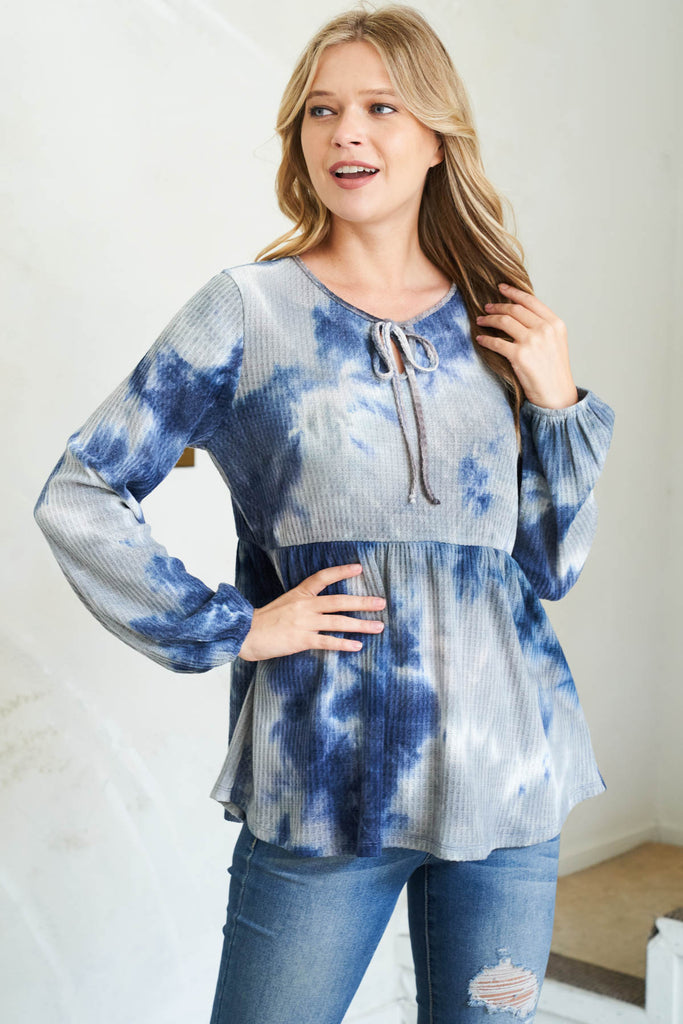 Puff Sleeve Neckline Ribbon Detail Tie Dye Waffle Top