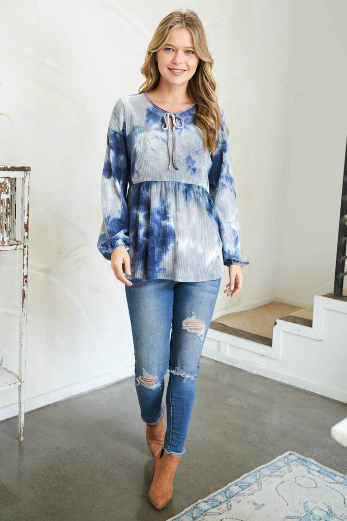 Puff Sleeve Neckline Ribbon Detail Tie Dye Waffle Top