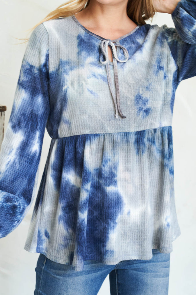 Puff Sleeve Neckline Ribbon Detail Tie Dye Waffle Top