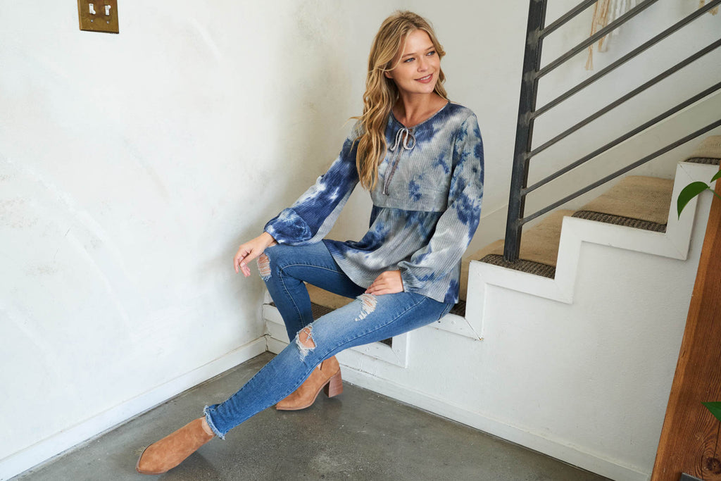 Puff Sleeve Neckline Ribbon Detail Tie Dye Waffle Top