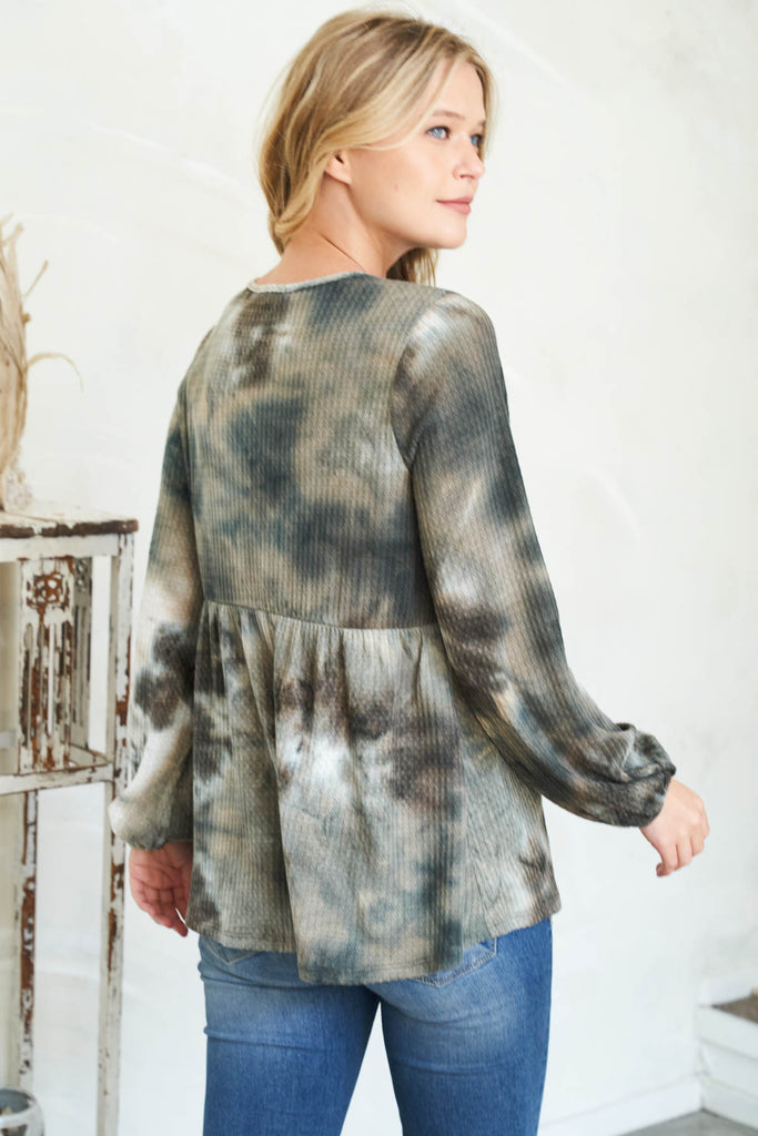 Puff Sleeve Neckline Ribbon Detail Tie Dye Waffle Top