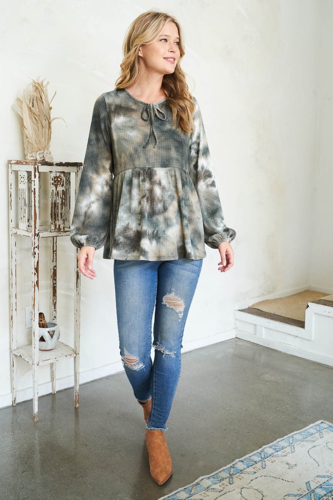 Puff Sleeve Neckline Ribbon Detail Tie Dye Waffle Top
