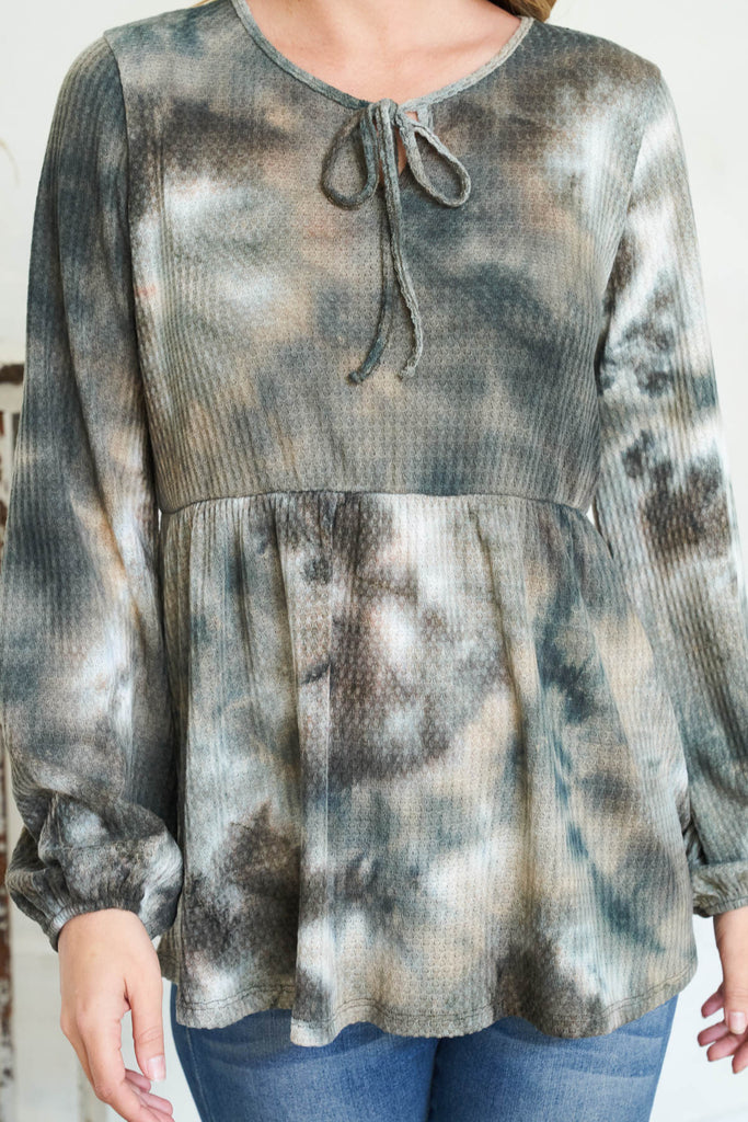 Puff Sleeve Neckline Ribbon Detail Tie Dye Waffle Top