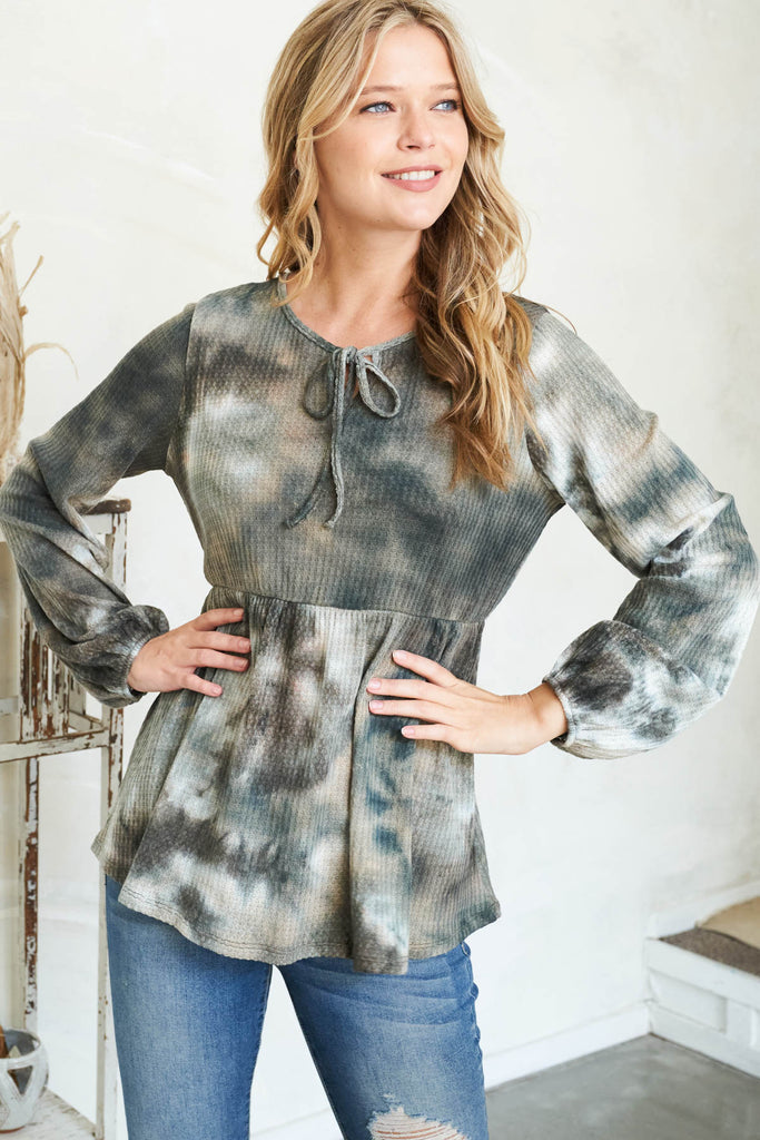 Puff Sleeve Neckline Ribbon Detail Tie Dye Waffle Top