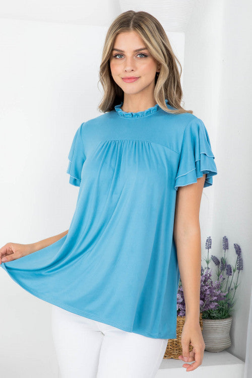 Merrow Mock Neck Layered Ruffle Sleeve Top