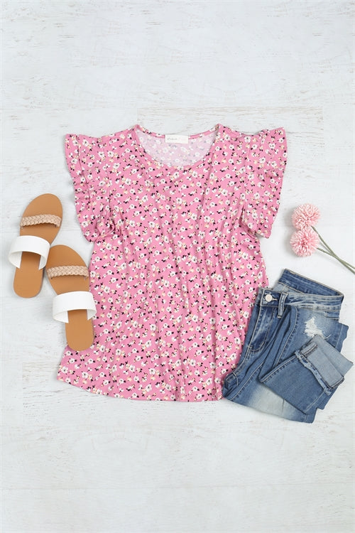 Floral Ruffle Sleeve Round Neck Top