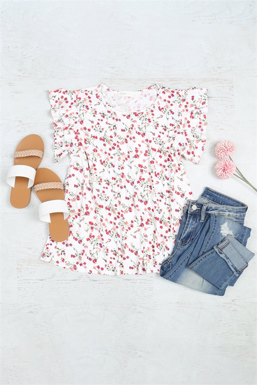 Floral Ruffle Sleeve Round Neck Top