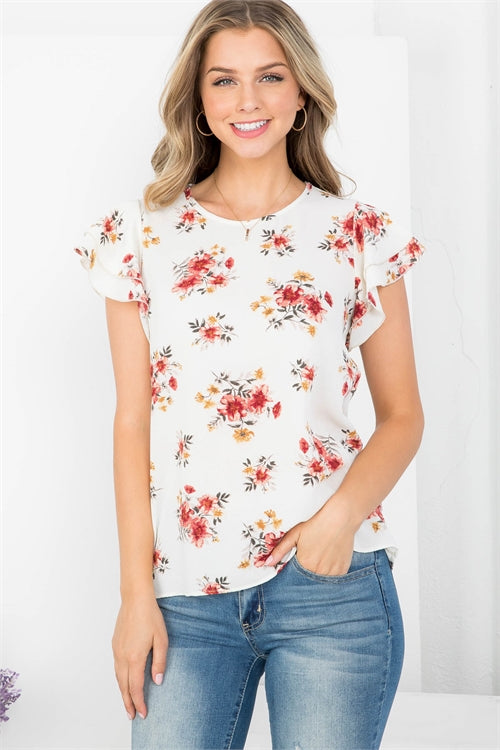 Ruffle Sleeve Round Neck Floral Blouse