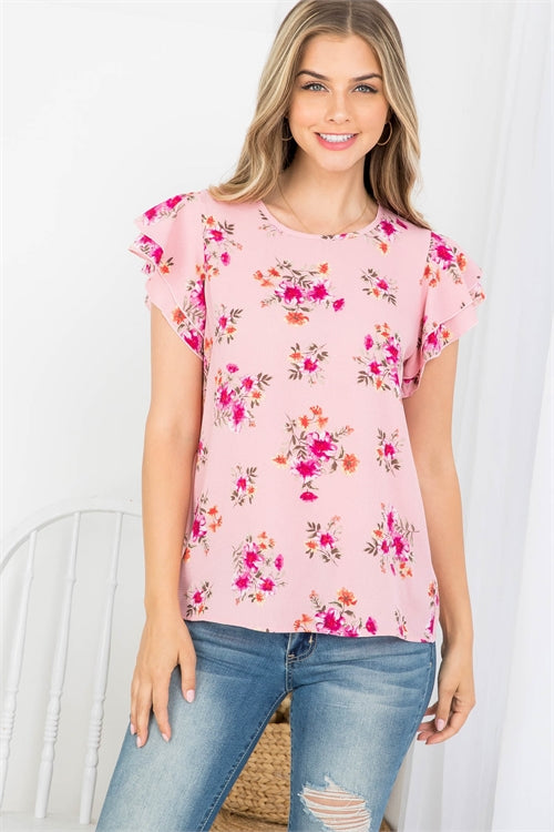 Ruffle Sleeve Round Neck Floral Blouse
