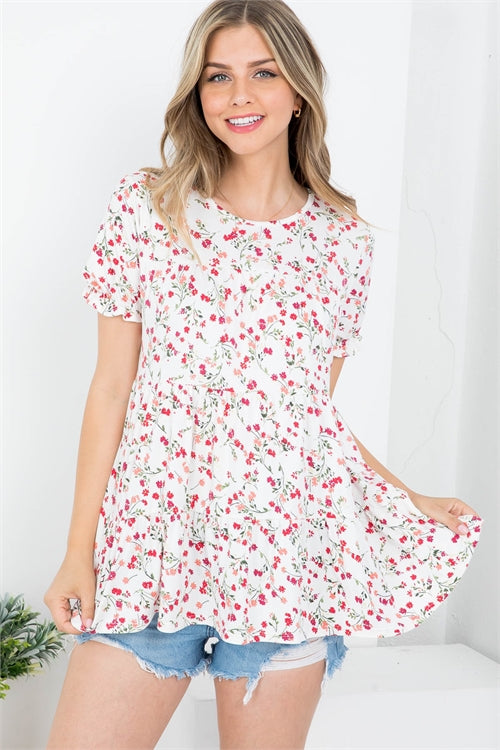 Short Ruffle Sleeve Tiered Floral Top