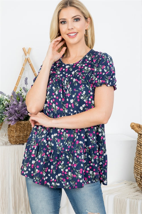 Short Ruffle Sleeve Tiered Floral Top