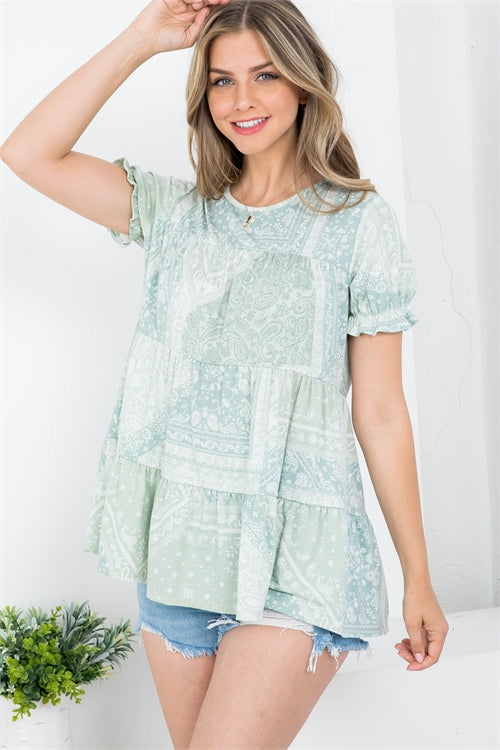 Short Ruffle Sleeve Tiered Paisley Top