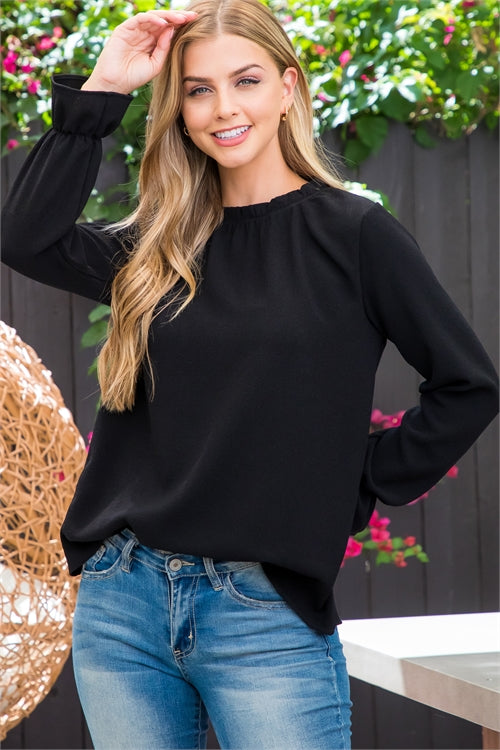 Fold Frill Neckline Long Sleeve Top