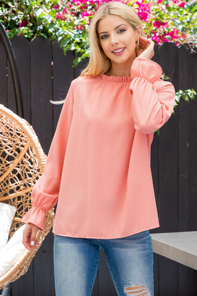 Fold Frill Neckline Long Sleeve Top