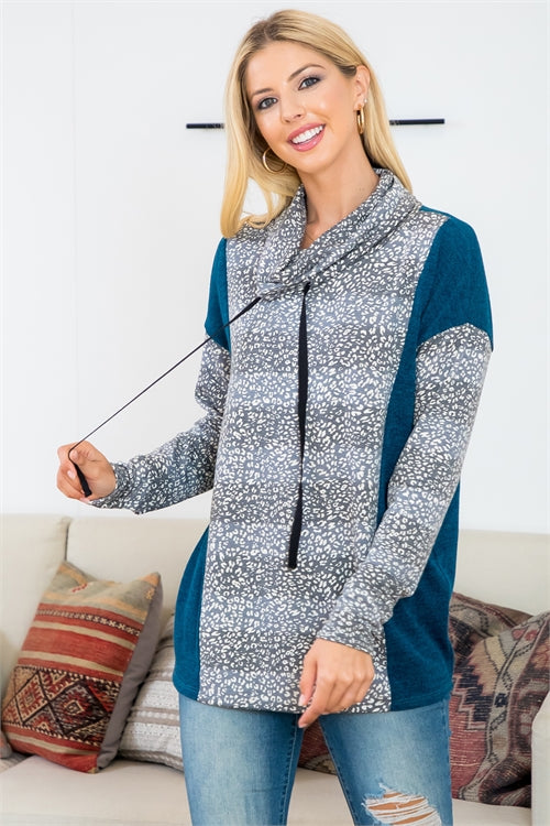 Turtle Neckline Stripe Animal Print Top