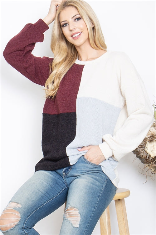 Long Sleeve Color Block Round Neck Rib Top