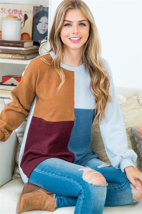 Long Sleeve Color Block Round Neck Rib Top