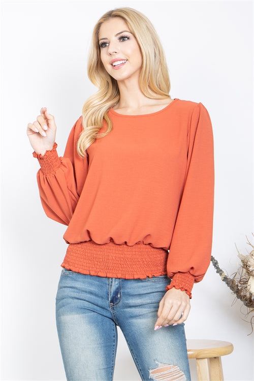 Smocked Hem Long Sleeve Solid Top