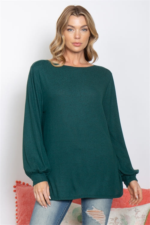 Puff Sleeved Boat Neck Brushed Hacci Top