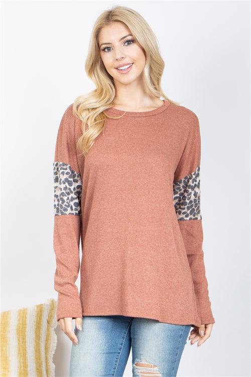 Long Sleeve Leopard Contrast Bella Rib Pullover Top