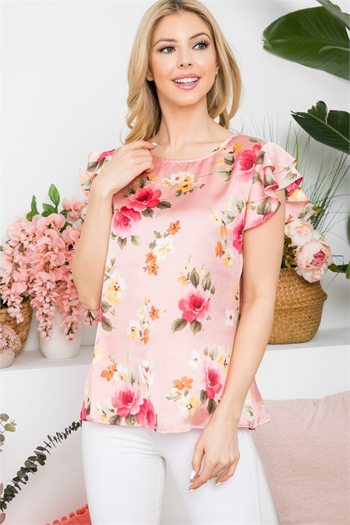 Satin Short Ruffle Sleeve Floral Top