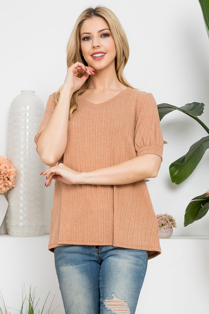 Puff Short Sleeved Ribbed V-Neck Top | S-XL