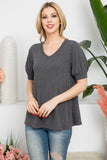Puff Short Sleeved Ribbed V-Neck Top | S-XL