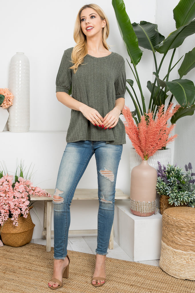 Puff Short Sleeved Ribbed V-Neck Top | S-XL