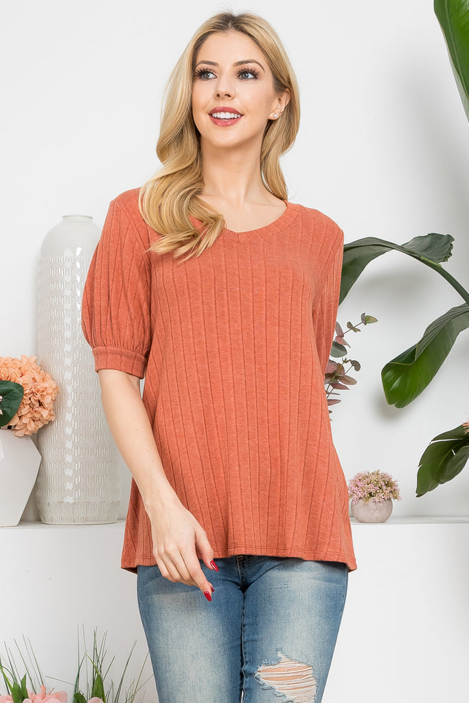 Puff Short Sleeved Ribbed V-Neck Top | S-XL