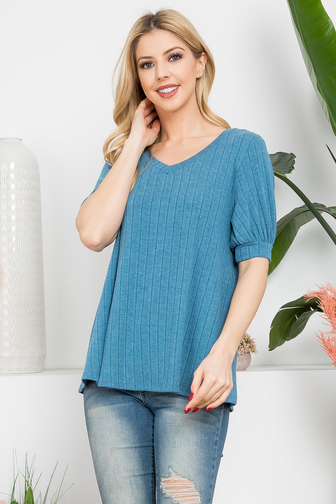 Puff Short Sleeved Ribbed V-Neck Top | S-XL