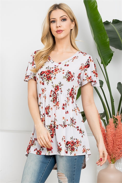 V-Neck Butterfly Sleeve Floral Empire Waist Top