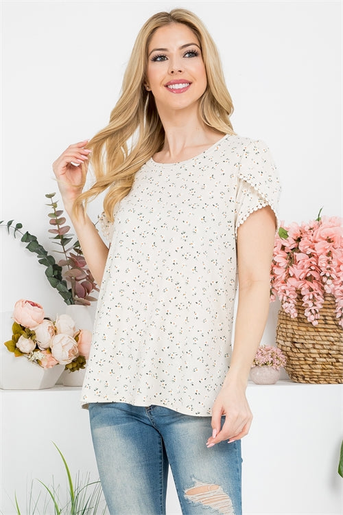 Pompom Detail Tulip Sleeve Floral Top