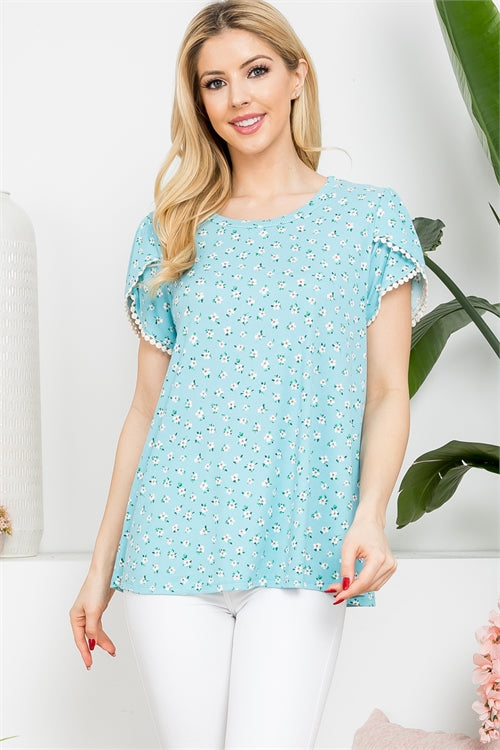 Pompom Detail Tulip Sleeve Floral Top