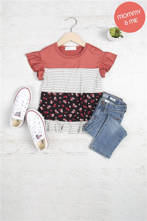Kids Ruffled Sleeved Floral Stripe