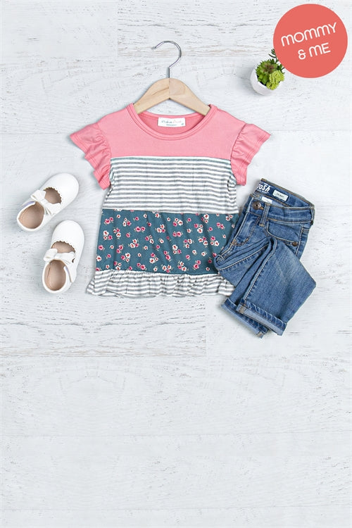Kids Ruffled Sleeved Floral Stripe