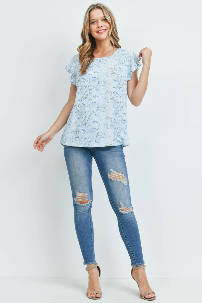 Flutter Sleeve Round Neck Floral Top