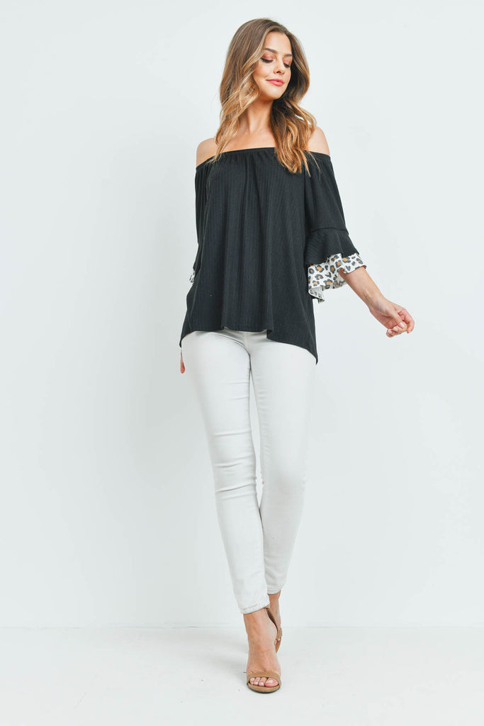 Off Shoulder Bell Sleeve Leopard Detail Top