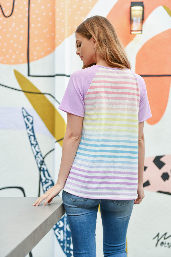 Rib Raglan Sleeve Ombre Stripes Pocket Top