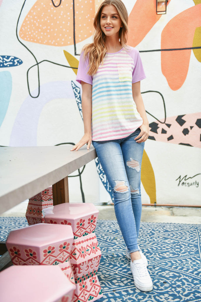 Rib Raglan Sleeve Ombre Stripes Pocket Top