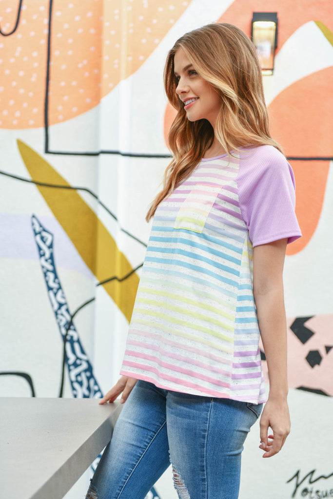 Rib Raglan Sleeve Ombre Stripes Pocket Top