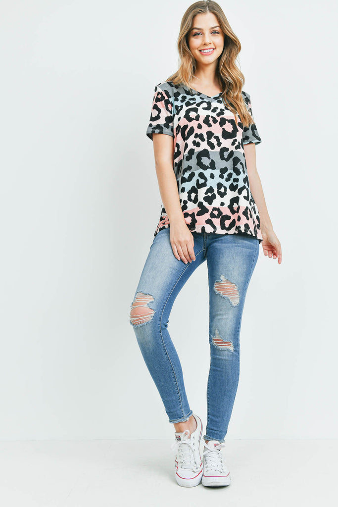 V-Neck Multicolor Stripes Leopard Print Top