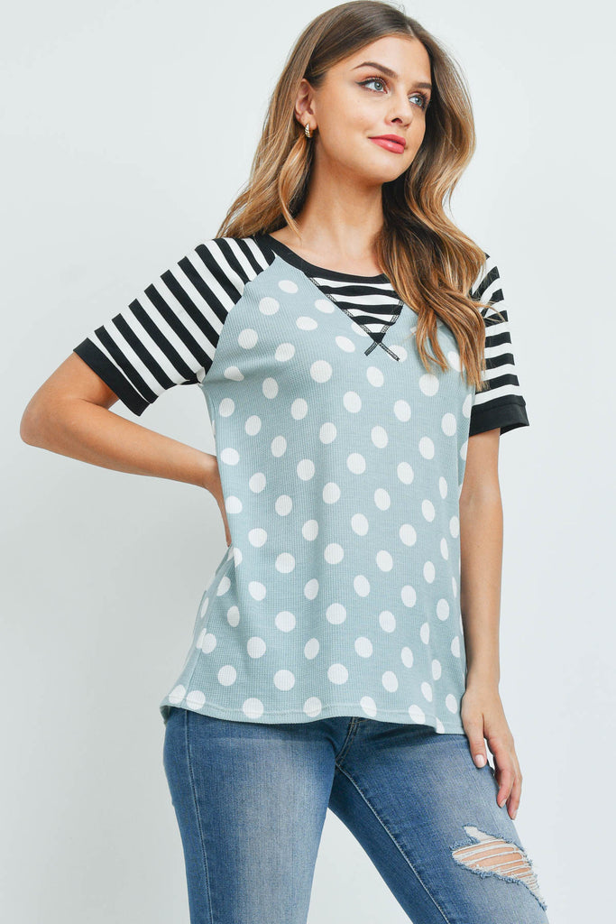 Thermal Polka Stripes Neck and Sleeve Top