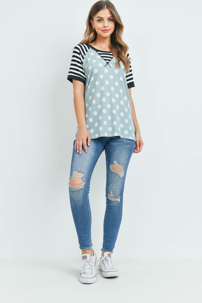 Thermal Polka Stripes Neck and Sleeve Top