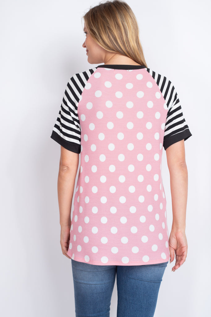 Thermal Polka Stripes Neck and Sleeve Top