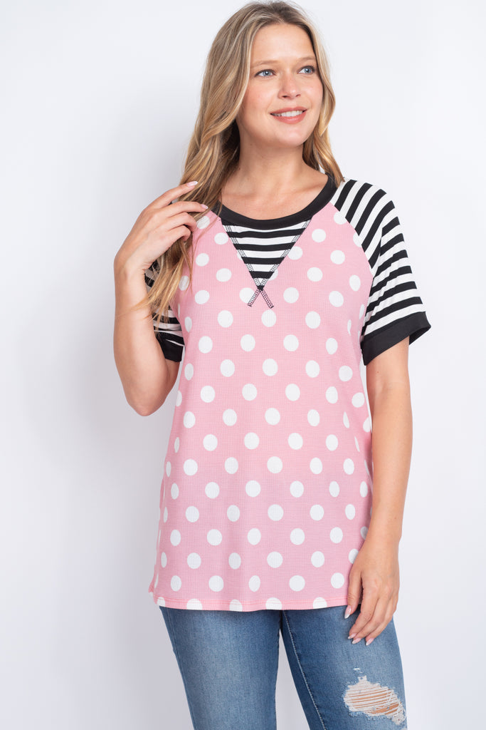 Thermal Polka Stripes Neck and Sleeve Top