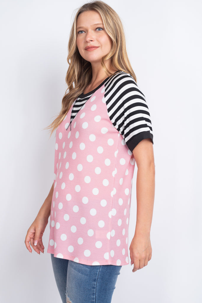 Thermal Polka Stripes Neck and Sleeve Top