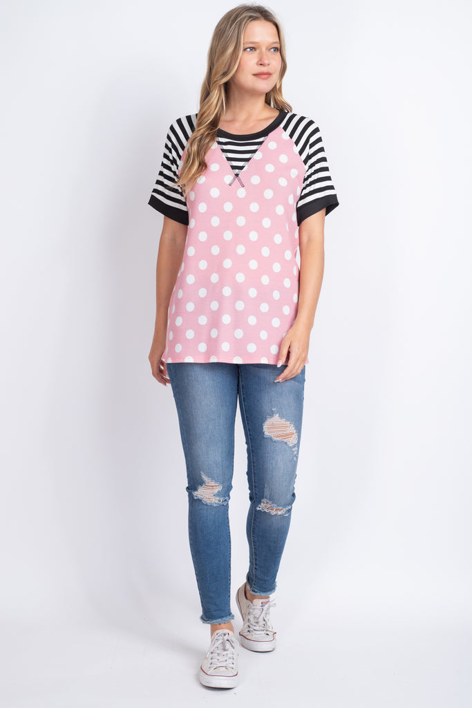 Thermal Polka Stripes Neck and Sleeve Top